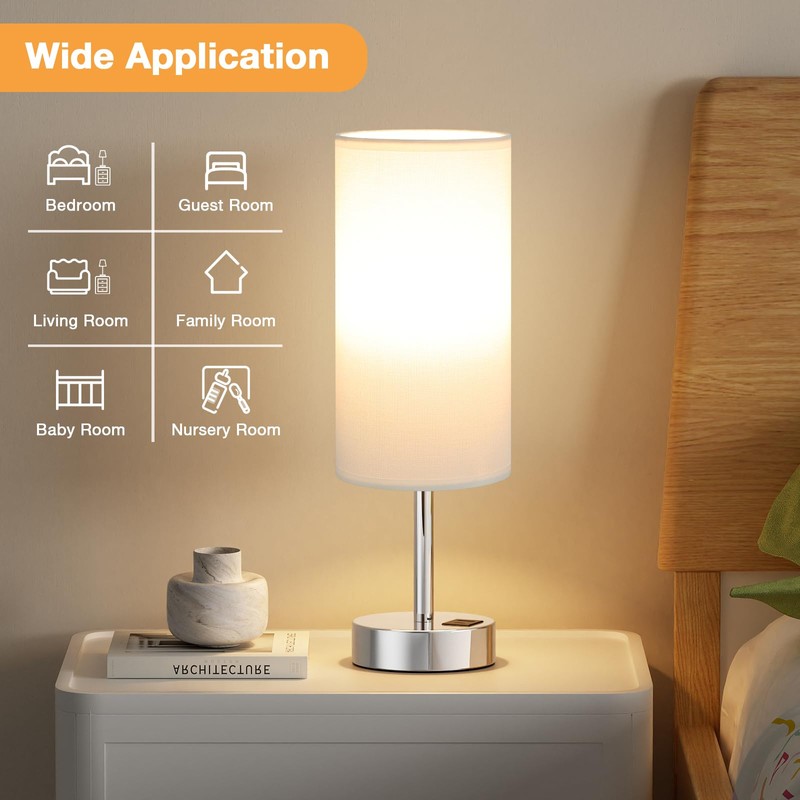 Aooshine Bedside Lamps, Dimmable Table Lamps with White Fabric Shade,