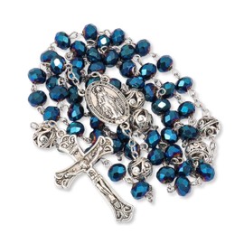 Nazareth Store 8mm Deep Blue Crystal Beads Rosary Necklace with 10mm Alloy Mystery Prayer Beads Miraculous Medal and Jesus Cross