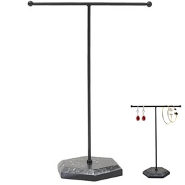 JJiaoLinin Jewellery Organiser Stand, Hanging Jewelry Organizer, Metal T-Bar Jewelry Stand, Jewelry Display Stand Rack with Marbled Base, for Necklaces, Bracelets and Rings, Earring Holder(Black)