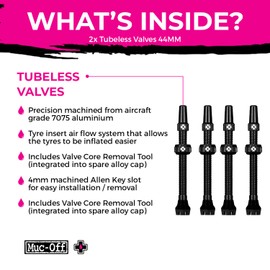 Muc-Off Tubeless Valves V2 – 60mm Black (Pack of 02) | 4X 7075 Aircraft-Grade Aluminium Presta Valves with Core Removal Tool | 44mm / 60mm / 80mm - 10 Anodised Color Options | Fits MTB, Gravel & Road