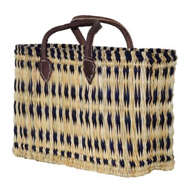 Seagrass Shopping Basket, Braided Bag with Leather Handle, Large with Short Handle, Blue