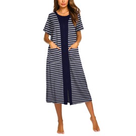 Ekouaer Womens Zipper Short Sleeve Full Length Nightgown Nightshirt Loungewear Duster Robe with Pockets, Navy Blue, Large