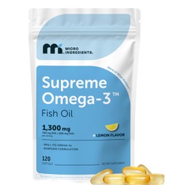 Micro Ingredients Supreme Omega-3 Fish Oil w/Ultra High EPA & DHA, Burpless Softgels | rTG Omega-3 with Vitamin D3 | Wild-Caught Cold Deep-Sea Fish | Lemon Flavor, Easy to Swallow, 120ct