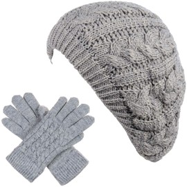 BYOS Women's Winter Classic Cable Fleece Lined Knit Beret Beanie Hat Gloves Set