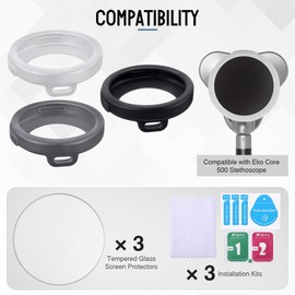 Avenuebool Stethoscope Protection Kit Compatible with EKO Core 500, 3 2.5D Tempered Glass Screen Protectors & 3 Stethoscope Chestpiece Cover, Compatible with EKO Core 500, Dustproof, 9H(Black & Gray)