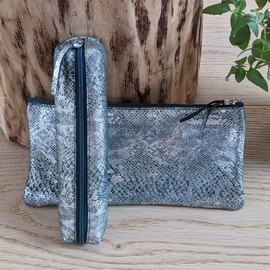Clairefontaine - Ref 410097C - Céleste' Leather Slim Pencil Case - 4 x 2.5 x 19.5cm, Made From Genuine Lambskin Leather, Metal Zip With Leather Puller - Laser Green & Silver