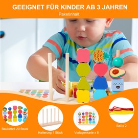 Montessori Toy from 3 4 5 6 Years, Wooden Toy Threading Game Building Blocks Stacking Game Fine Motor Skills Sorting Game Educational Games with Cards Educational Gift for Baby Boys Girls Toys