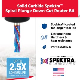 Amana Tool Spektra Extreme Tool Life Solid Carbide CNC Down-Cut Spiral Plunge Router Bit, 46055-K, 3/8 Dia x 1 CH x 3/8 SHK 2-½ Inch Long 3 Flute