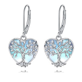 Moonstone Drop Earrings 925 Sterling Silver Tree of Life Dangle Earrings for Women Heart Leverback Jewellery Gifts (H-Moonstone Tree of Life)