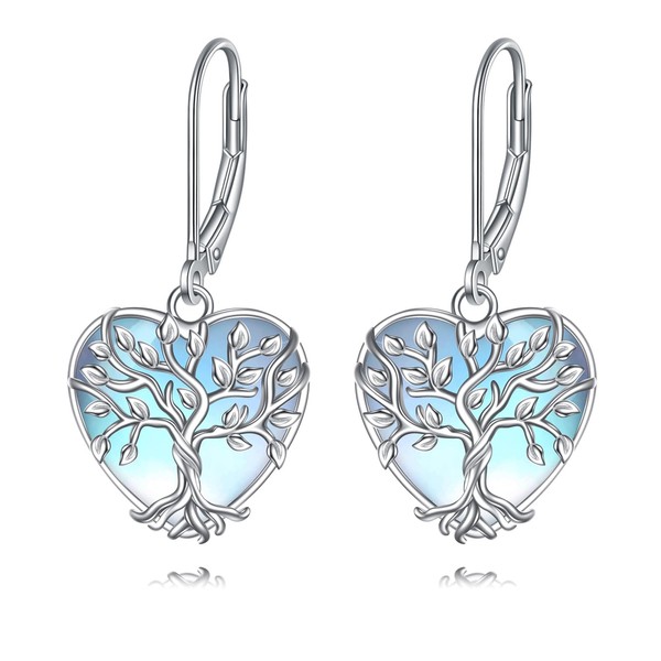 Moonstone Drop Earrings 925 Sterling Silver Tree of Life Dangle