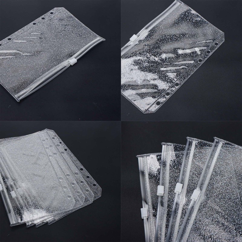 XiowDow 10pcs A6 Binder Pockets Clear Glitter Cash Stuffing Envelopes