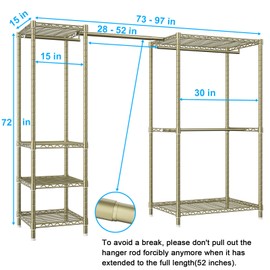 Ulif E10 Clothes Rack（With Stretchable Hanger Rod）Freestanding Clothing Racks for Hanging Clothes，Adjustable Closet Organizer System，Portable Garment Rack 73-97"W x 15" D x 72" H，Max Load 800LBS，Gold