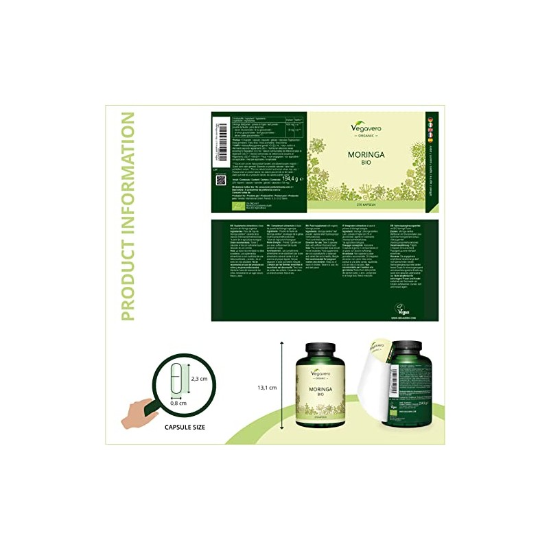 Organic Moringa Oleifera Capsules 1800mg Vegavero® | No Additives |