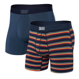 SAXX Underwear Co. Men's Underwear with Pouch Vibe Super Soft Boxer Brief 2Pk, Field Stripe/Navy, Large