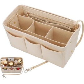 ATSGJLZN Taschenorganizer,Handtaschen Organizer aus Filz 27x16x15cm,Taschen Organizer Shoppern mit Fächer und Reißverschluss Tote Bag (Beige)