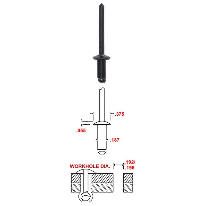 3/16" DIAMETER BLACK ALUMINUM BLIND RIVET - .376-.500 GRIP RANGE,