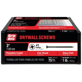 Grip-Rite 3DWS1#8 X 3" Phillips Bugle Head Fine Thread Sharp Point Drywall Screw, 1lb Box
