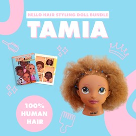 Hello Hair Tamia Real Hair Styling Head Doll Bundle, Auburn Hair Color, 4c Hair Type, Professional Grade 100% 12-inch Human Hair Training Mannequin (Book+Styling Doll Head)