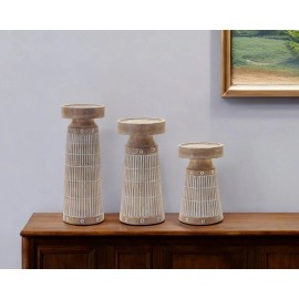 HomeRoots Set of Three Natural and White Polyresin Geometric Tabletop Pillar Candle Hol...