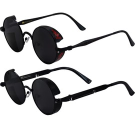 XFentech Classic Polarised Sunglasses - Steampunk Sunglasses Retro Glasses with Round Metal Frame UV400 Protection for Men Women, A1 black frame - grey lenses + a2 black frame - grey lenses