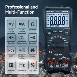VENLAB Digital Multimeter, TRMS 6000 Counts Auto-Ranging, DC AC Volt Ohm Circuit Tester for Voltage, Current, Resistance, Diodes Continuity, Capacitance, Frequency, NCV, Temperature, Transistors