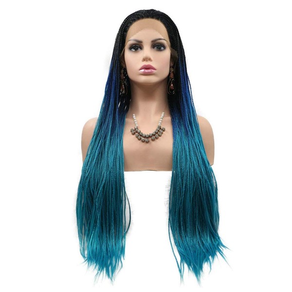 Mermaid Wig Black Roots Ombre Dark Blue Pastel Blue Synthetic Lace Front Handmade Box Braided Afro America Party Wig 26"