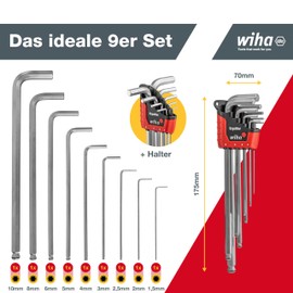 Wiha Allen Key Set in ErgoStar Holder (43851), Allen Key Hexagonal Ball Head MagicRing®, Allen Key 9 Pieces, Matt Chrome-Plated