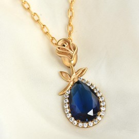 DINJEWEL - Collar de joyería para mujer con cadena y regalo para ella (forma de pera, 10 x 14 mm), Metal, Zafiro