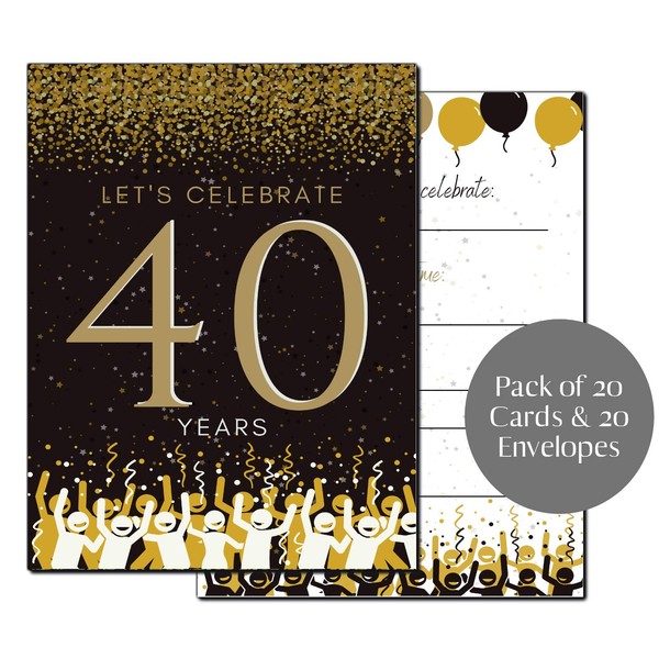 Elcer 40th Birthday Party Invitations | 40 Years celebration | Happy Anniversary | 5 x 7 | Black & Gold | Fill In Style 20 Count with Envelopes | You're Invited | Surprise Party