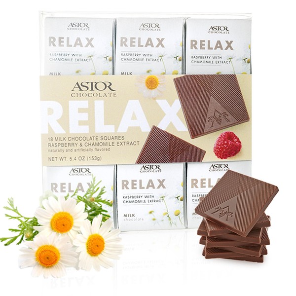 Astor Chocolate Relax Milk Chocolate Chamomile Raspberry Squares Gift Set | Chocolate Lovers Mini Bar Box l 18pc Individually Wrapped Relaxing Belgian Bite Size Chocolate Basket | 0.33oz Each Minibar Gourmet Snack | Kosher Food Candy Holiday Bars