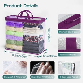 Clear Zippered Storage Bag Foldable Storage Bag, 22L Clear Storage Bags for Clothes, and Blanket Storage Bags for Bedding, CDs, Blankets, Comforters, Clothing & Toys (Purple, 5-pack)