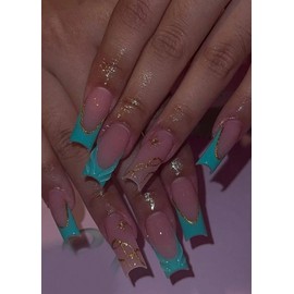 24 pcs Manicure Long Medium Short Set Press On Nails square Almond Shape 3D Glitter Design For Women Daily Wear With Nail File Jelly Glue Nail Supplies (Pink/Blue, Medium)