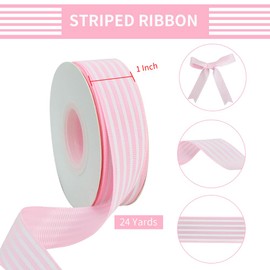 TONIFUL Pink White Striped Ribbon 1 Inch Wide Fabric Grosgrain Ribbons 25 Yards Roll for Gift Wrapping Valentine's Day DIY Hair Accessories Crafts Party Holiday Wedding Christmas Birthday Decoration