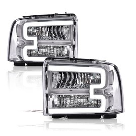 G-PLUS LED DRL Headlights Assembly, Compatible with 2005 2006 2007 Ford F250 F350 F450 F550 Super Duty Headlamp Driver and Passenger Side, Clear lens Chrome Housing Clear Reflector