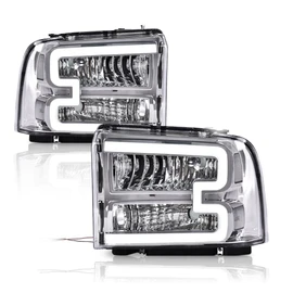 G-PLUS LED DRL Headlights Assembly, Compatible with 2005 2006 2007 Ford F250 F350 F450 F550 Super Duty Headlamp Driver and Passenger Side, Clear lens Chrome Housing Clear Reflector