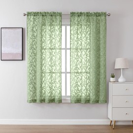 Lecloud Leia Green Sheer Curtains 63 Inch Length 2 Panels, Privacy Airy Bedroom Curtain Drapes Rod Pockets, Jacquard Clip Farmhouse Leaves Voile Living Room Panels, 38x63 Inch