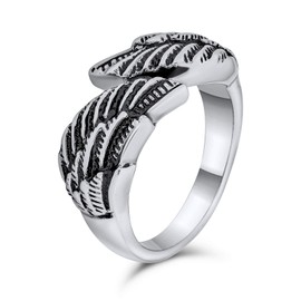 Personalize Unisex Biker Jewelry Religious Spiritual Guardian Feather Angel Wing Band Ring for Men Women Oxidized Silver Tone Stainless Steel Customizable