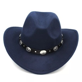 Unbranded Navy Blue Western Cowboy, Cowgirl Hat, Silver Strap, Men Women Retro Wide Brim