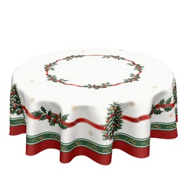 Kawani Christmas Round Tablecloth 60 Inch Winter Holly Berry Christmas Tree Ribbon Bordered Table Cloth Xmas Holiday Polyester Table Cover for Party Dining Room Home Table Decorations