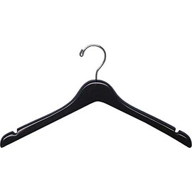Matte Black Wooden Top Hanger with Notches and Contour Body in 17" Length X 1" Thick with Chrome Hardware, Box of 12