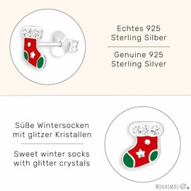 Monkimau Children's Winter Socks Stud Earrings 925 Sterling Silver with Crystals and Colourful Enamelled, Sterling Silver
