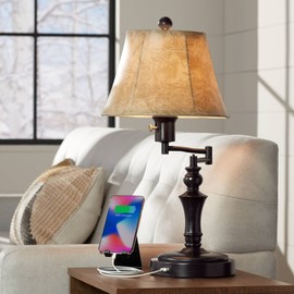 Regency Hill Corey 21.75" High Traditional Natural Cottage Swing Arm Hotel Style Desk Table Lamp with USB Ports A+C Charging Bronze Metal Faux Leather Bell Shade Living Room Bedroom House Bedside