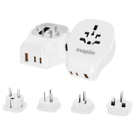 Maplin Worldwide Travel Adapter, 20W PD, 2 USB-C & 1 USB-A Ports, 4 Detachable International Plugs