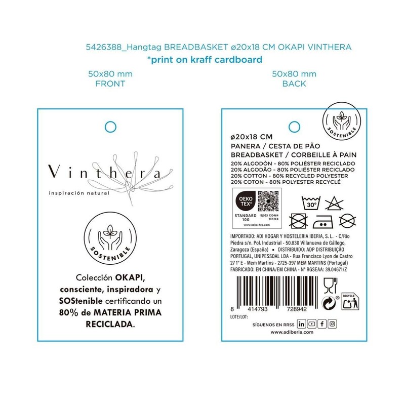 VINTHERA Okapi Recycled Bread Basket 20cm Cotton Fireproof Recyclable