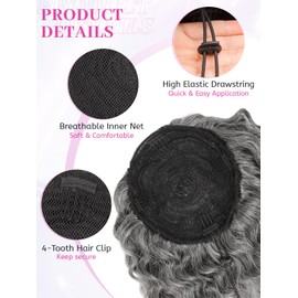 Isaic Ponytail Extension 8 Inch Wavy Curly Ponytails Drawstring Ponytail for Black Women Ombre Gray Pony Tails Hair Extensions Natural Synthetic Hairpiece for Daily Use