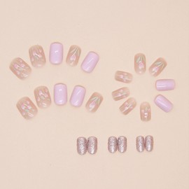 Short Press on Nails Square Fake Nails with Tulip Floral Designs Purple Nails Press ons Glossy Glue on Nails Summer Acrylic Nails Glitter False Nails Nude Stick on Nails for Women 24Pcs