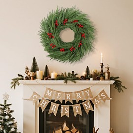 DR.DUDU Norfolk Pine Christmas Wreaths for Front Door - 24 Inch Artificial Greenery Wreath with Red Berries for Outdoor Indoor Xmas Holiday Decor, Farmhouse Winter Decorations