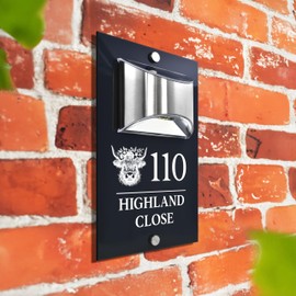 Custom Signs Solar Illuminated Modern Anthracite House Number Sign 24cm x 14.5cm Highland Cow Design
