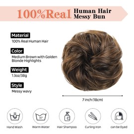 FLUFYMOOZ Messy Bun Hair Piece, 100% Real Human Hair Tousled Updo Extension Natural Curly Messy Bun with Elastic Band Hair Bun Hair Piece Ponytail Extensions for Women（Medium Brown with Golden Blonde Highlights）