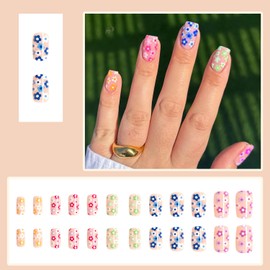 24 Pcs Square Press on Nails Cute Preppy Fake Nails with Glue Spring False Nails with Colorful Flower Designs Glossy Acrylic Glue on Nails Medium Natural Reusable Stick on Nails for Women Girls